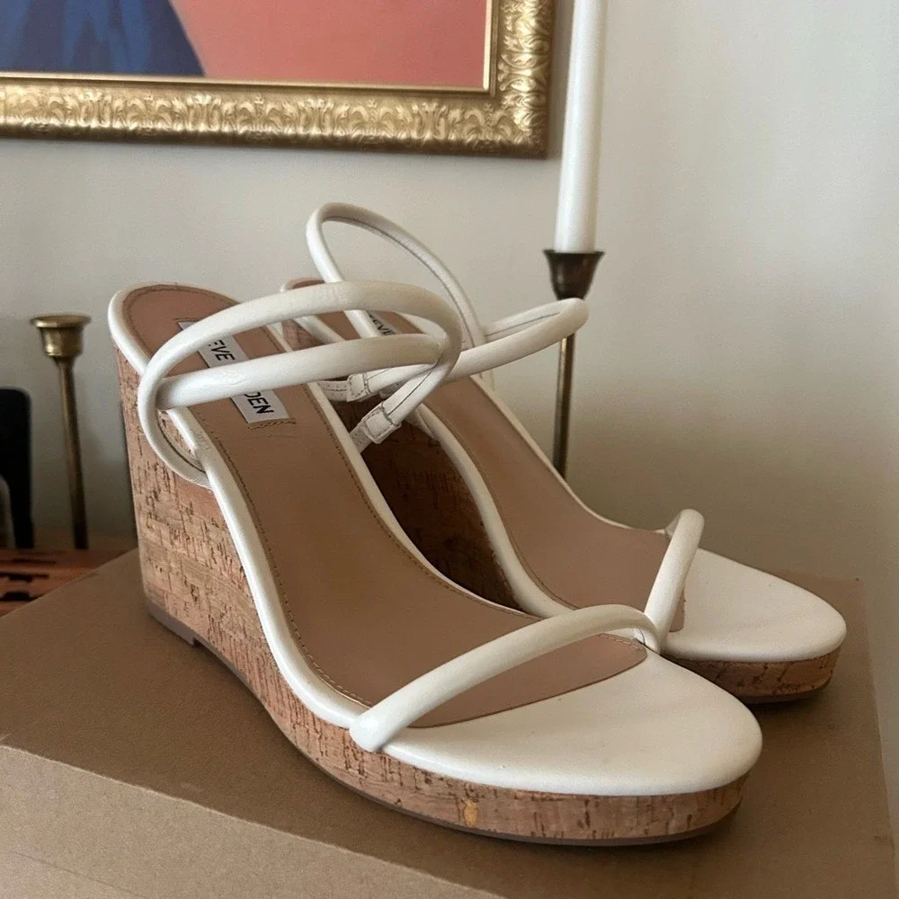 Steve Madden Udell‎ Leather Slip On Cork Wedge Slingback Sandals White NEW 9.5
